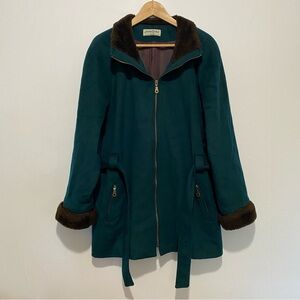 Jonathan Michael Teal Wool Coat Faux Fur Trim Belted Jacket Size 12 USA Vintage